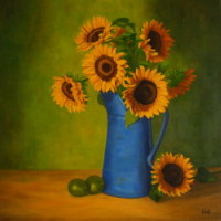 Sunflowers in Blue Pitcher